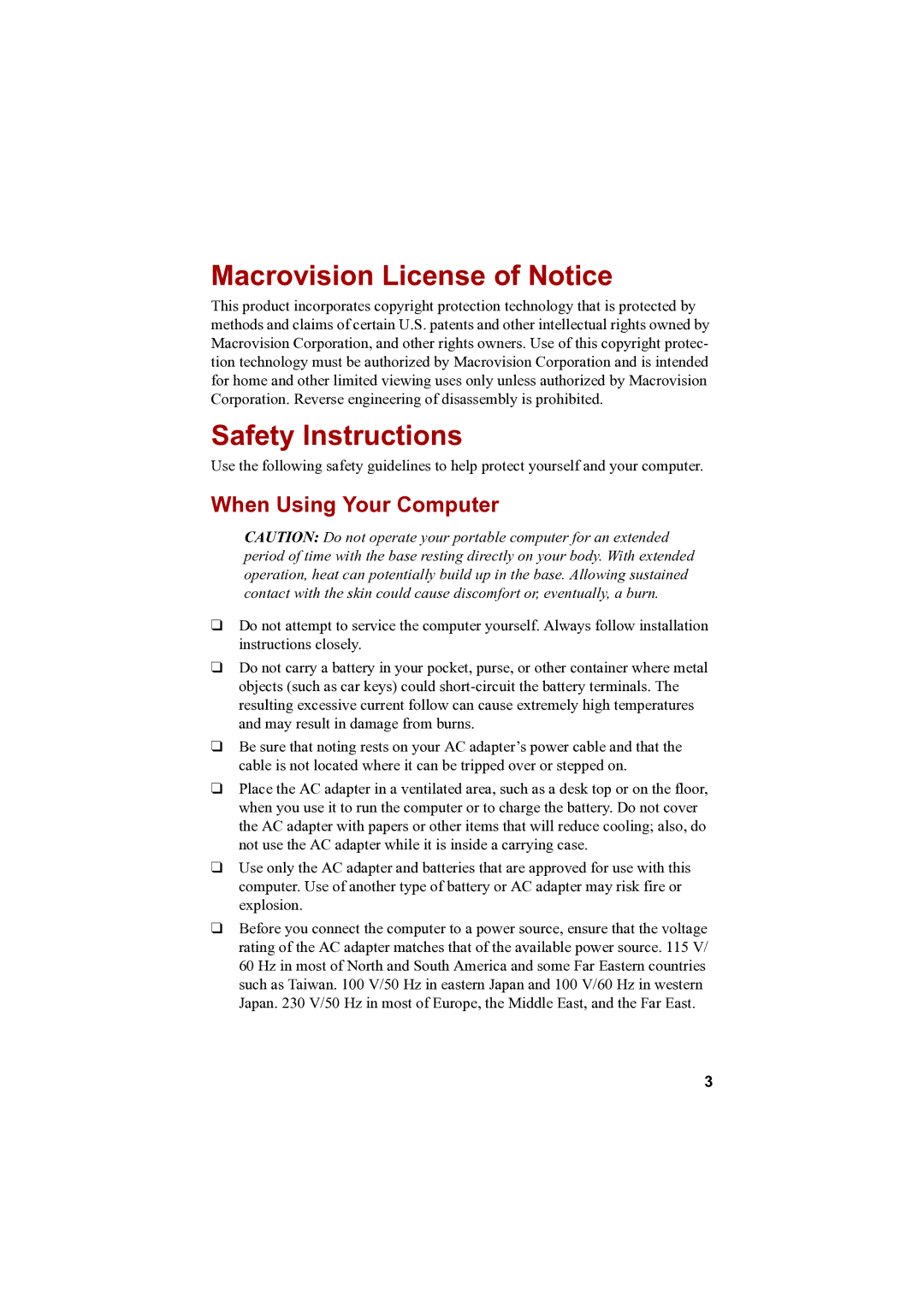 Toshiba PTA42 user manual Macrovision License of Notice, Safety Instructions, When Using Your Computer 