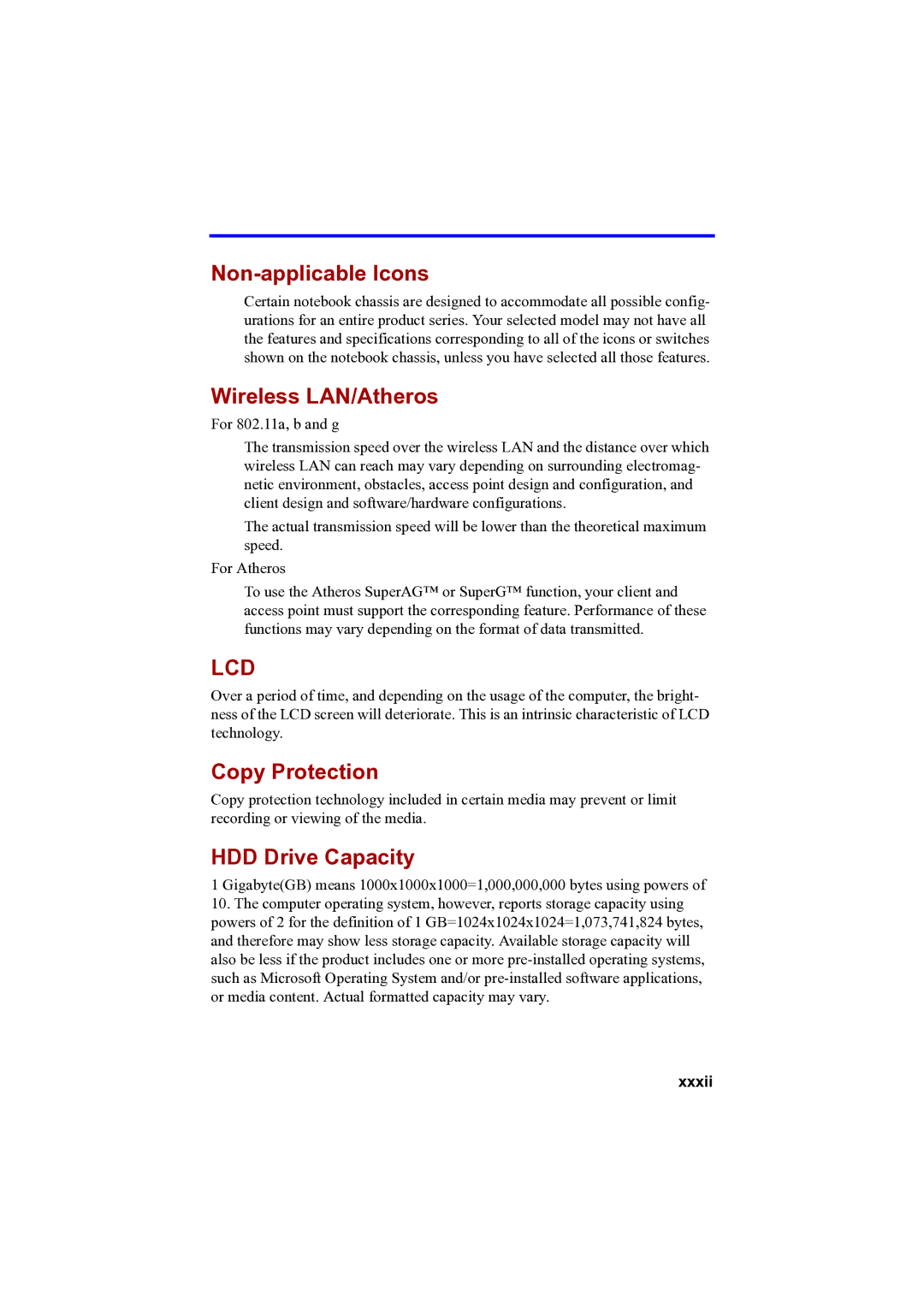 Toshiba PTA42 user manual Non-applicable Icons, Wireless LAN/Atheros, Copy Protection, HDD Drive Capacity, Xxxii 