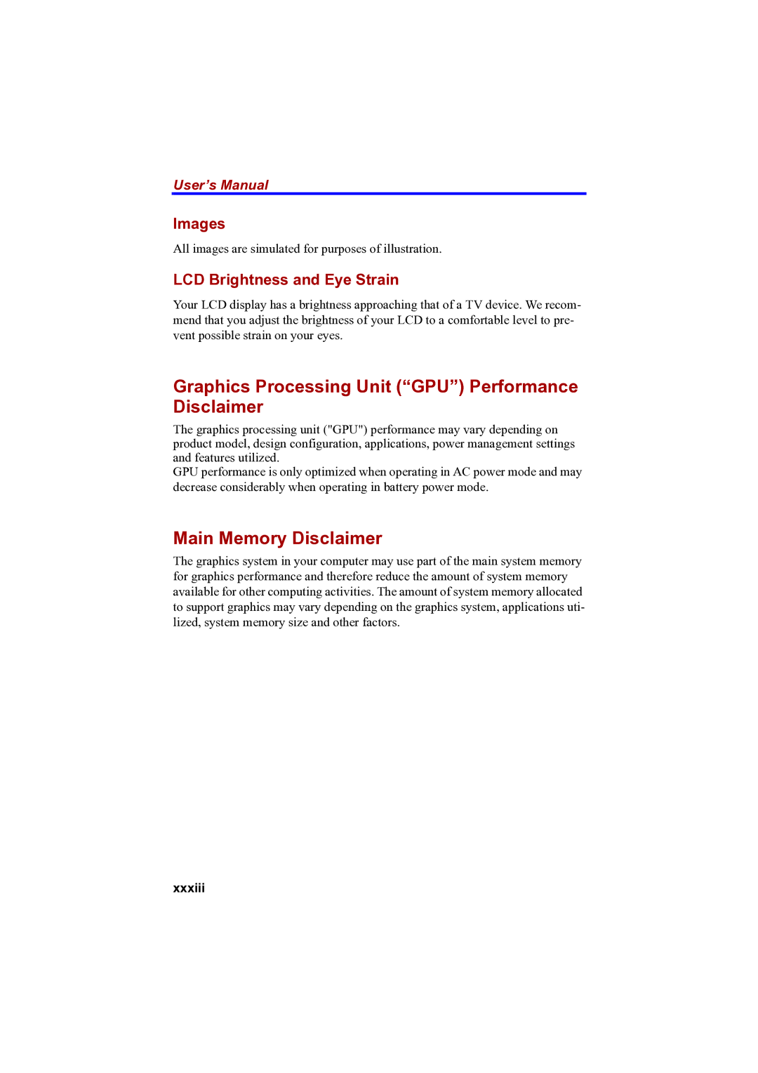 Toshiba PTA42 user manual Graphics Processing Unit GPU Performance Disclaimer, Main Memory Disclaimer, Images, Xxxiii 