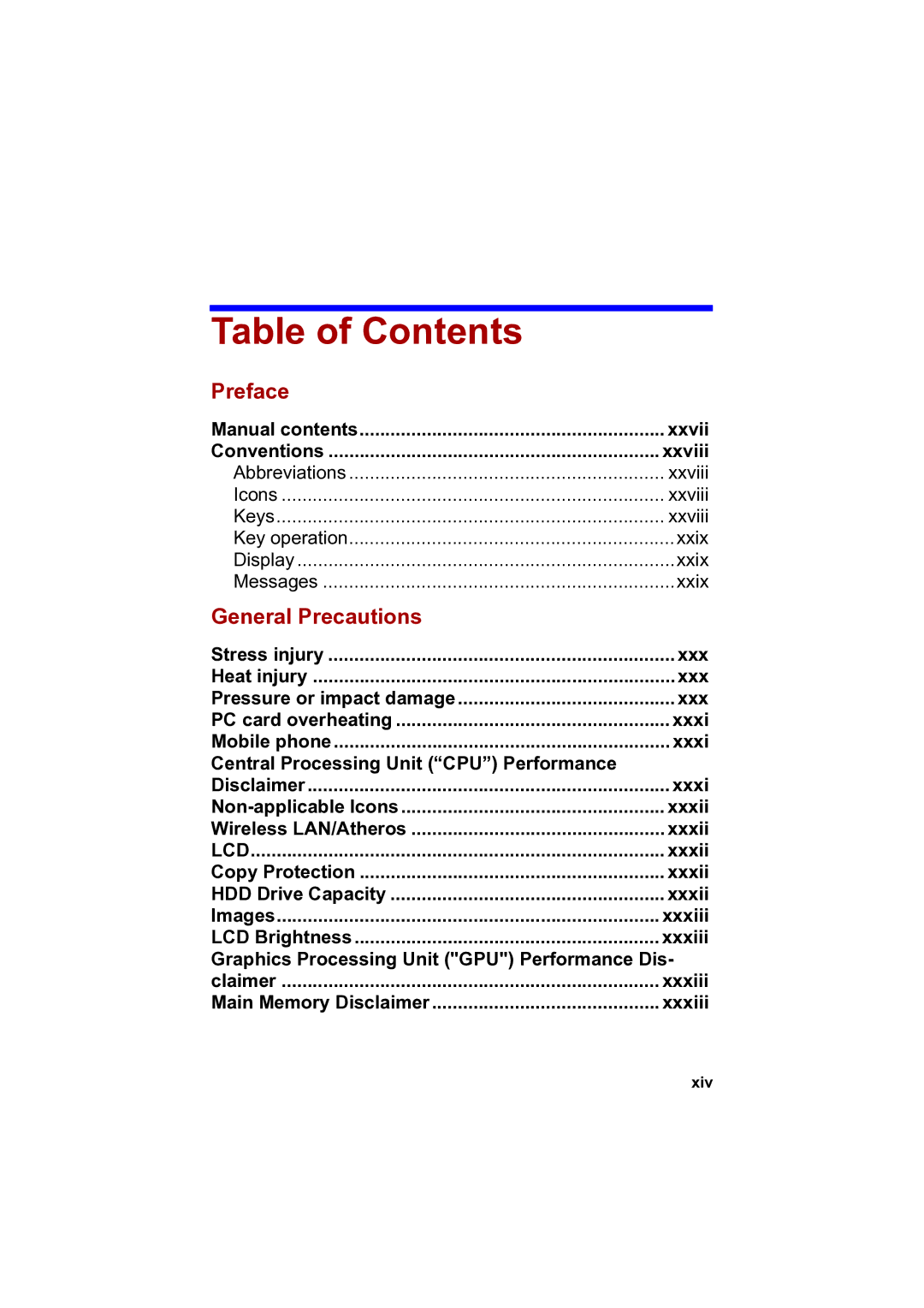 Toshiba PTA42 user manual Table of Contents 