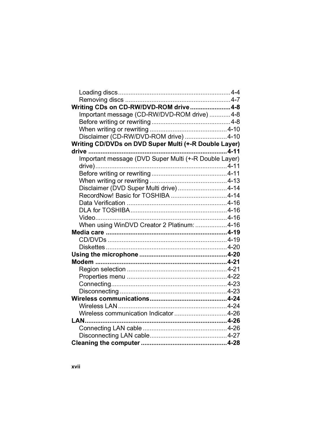 Toshiba PTA42 user manual Writing CDs on CD-RW/DVD-ROM drive, Xvii 