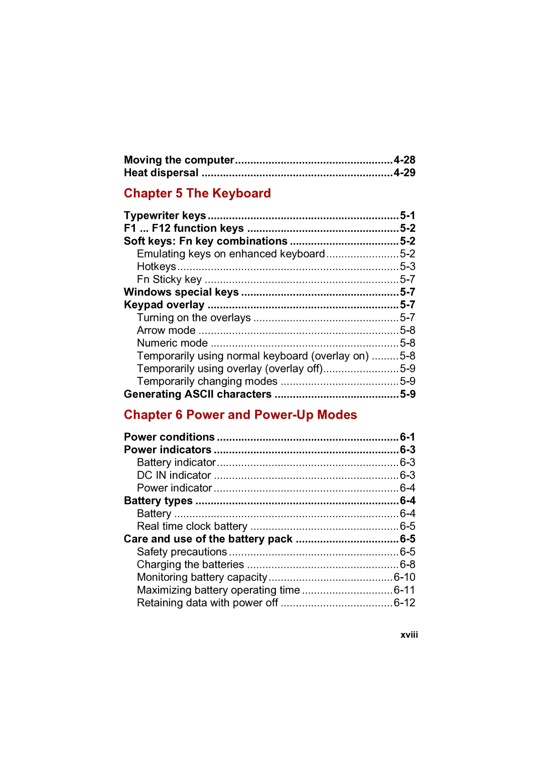 Toshiba PTA42 user manual Keyboard, Power and Power-Up Modes, Xviii 