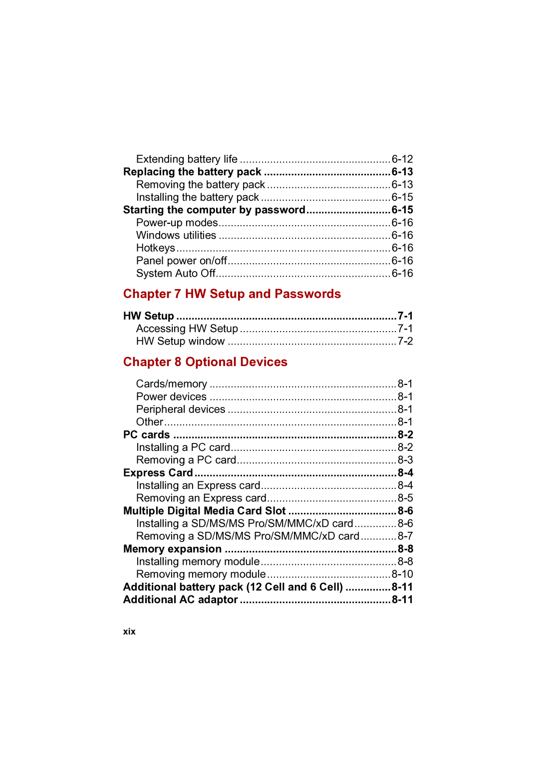 Toshiba PTA42 user manual HW Setup and Passwords, Optional Devices, Xix 