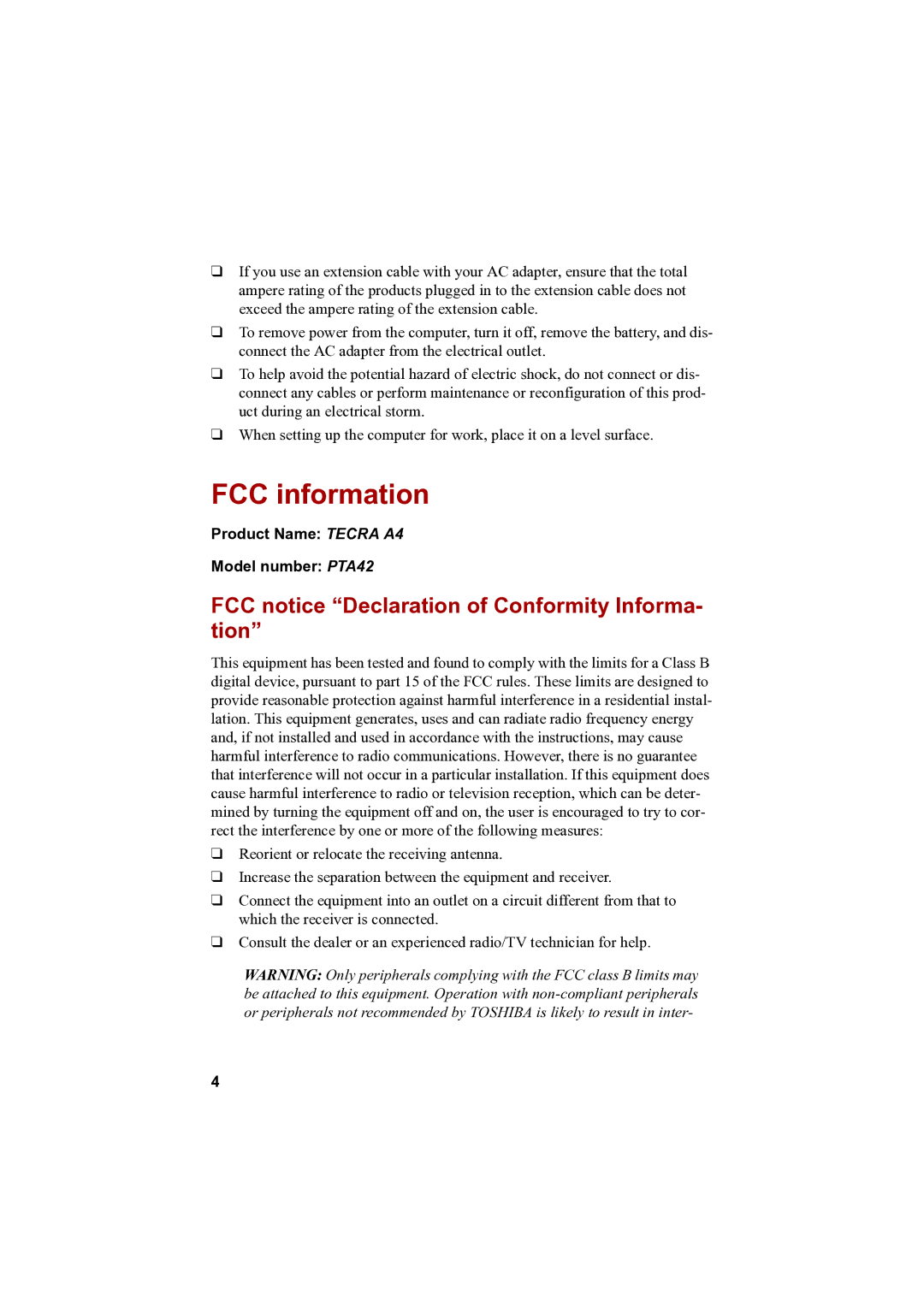 Toshiba PTA42 user manual FCC information, FCC notice Declaration of Conformity Informa- tion 