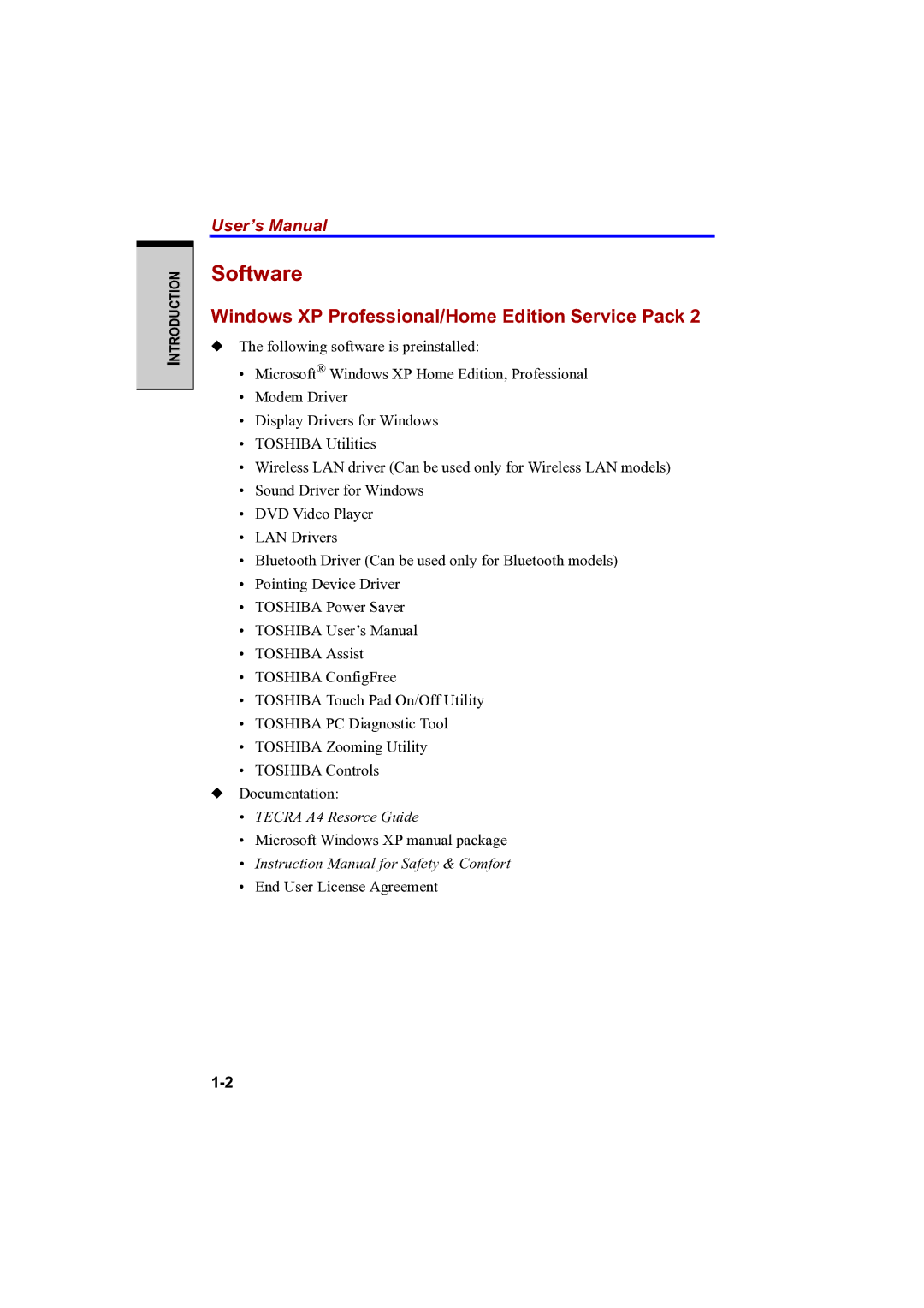 Toshiba PTA42 user manual Software, Windows XP Professional/Home Edition Service Pack 