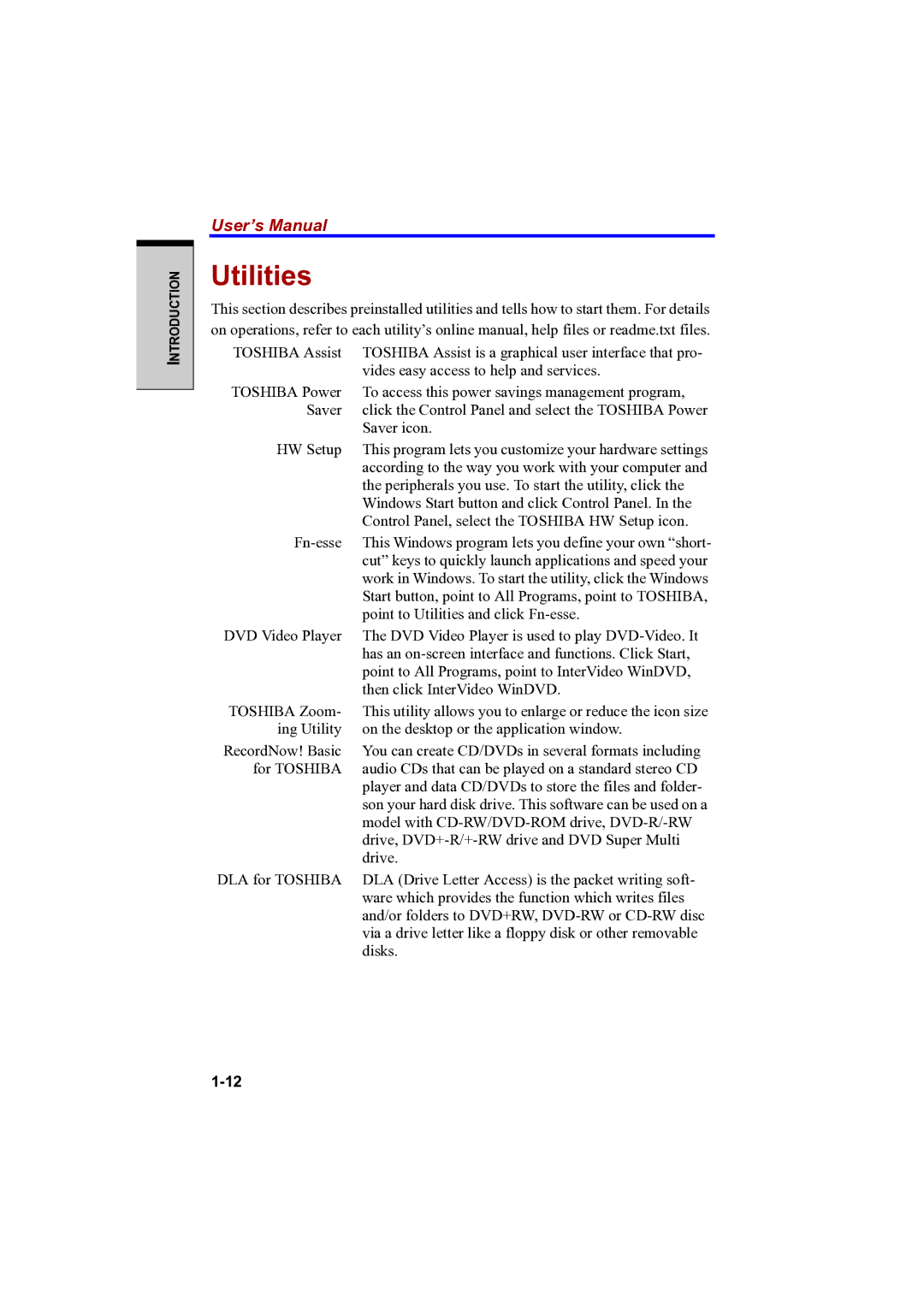 Toshiba PTA42 user manual Utilities 