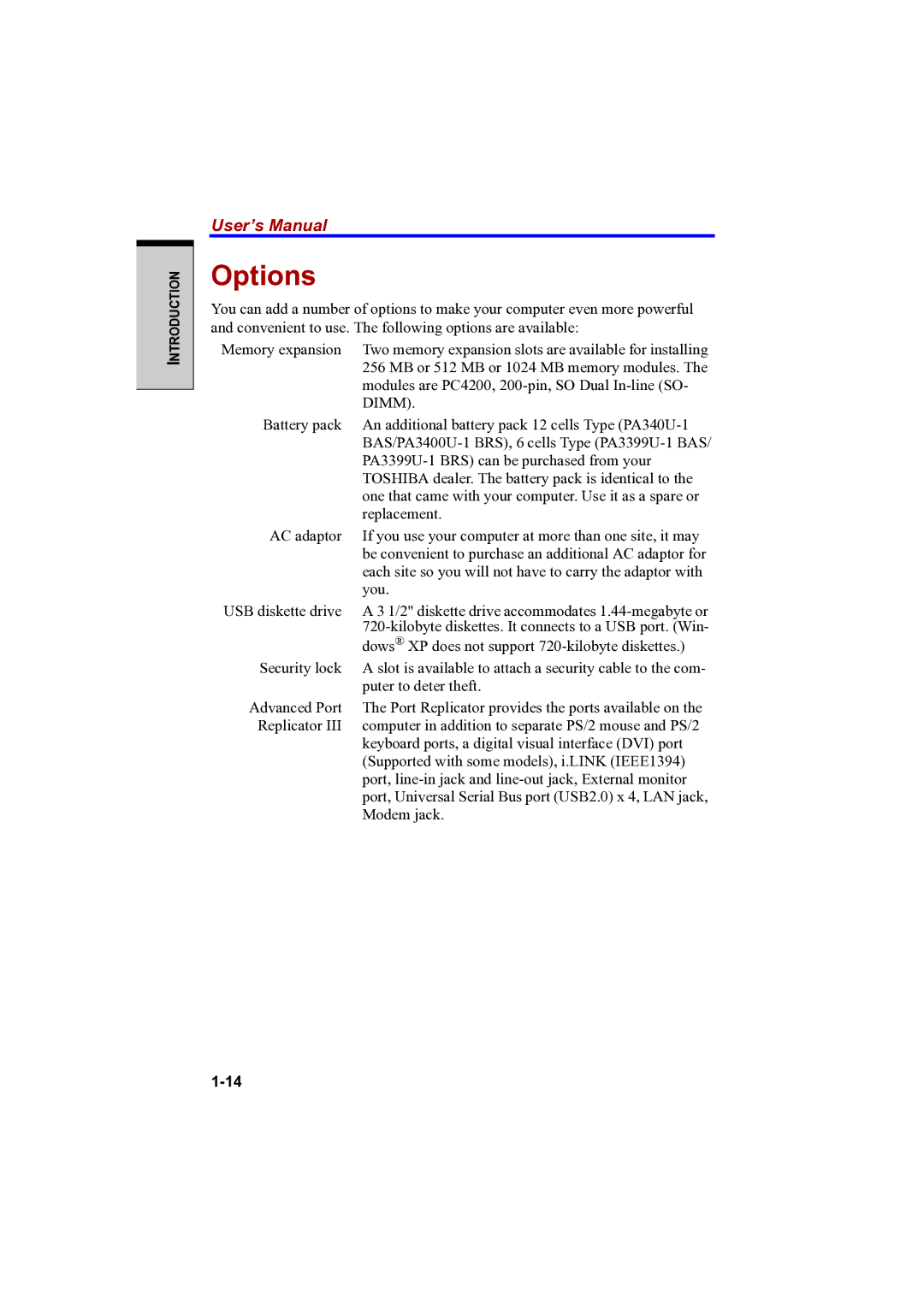 Toshiba PTA42 user manual Options, Dimm 