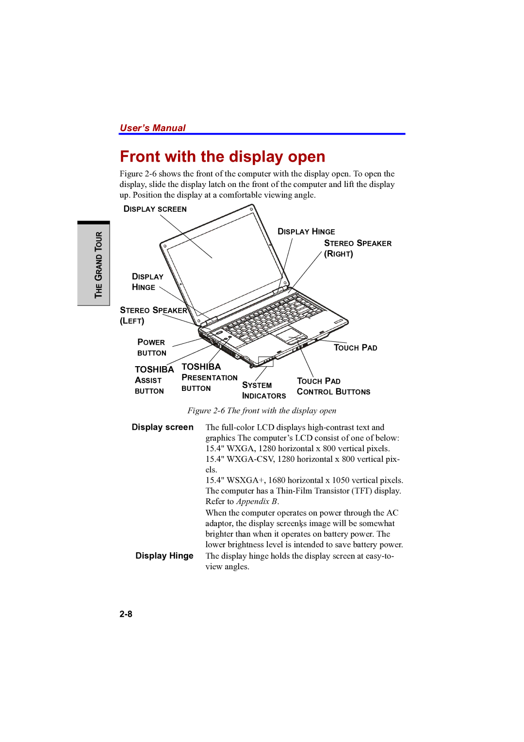 Toshiba PTA42 user manual Front with the display open, Toshiba 