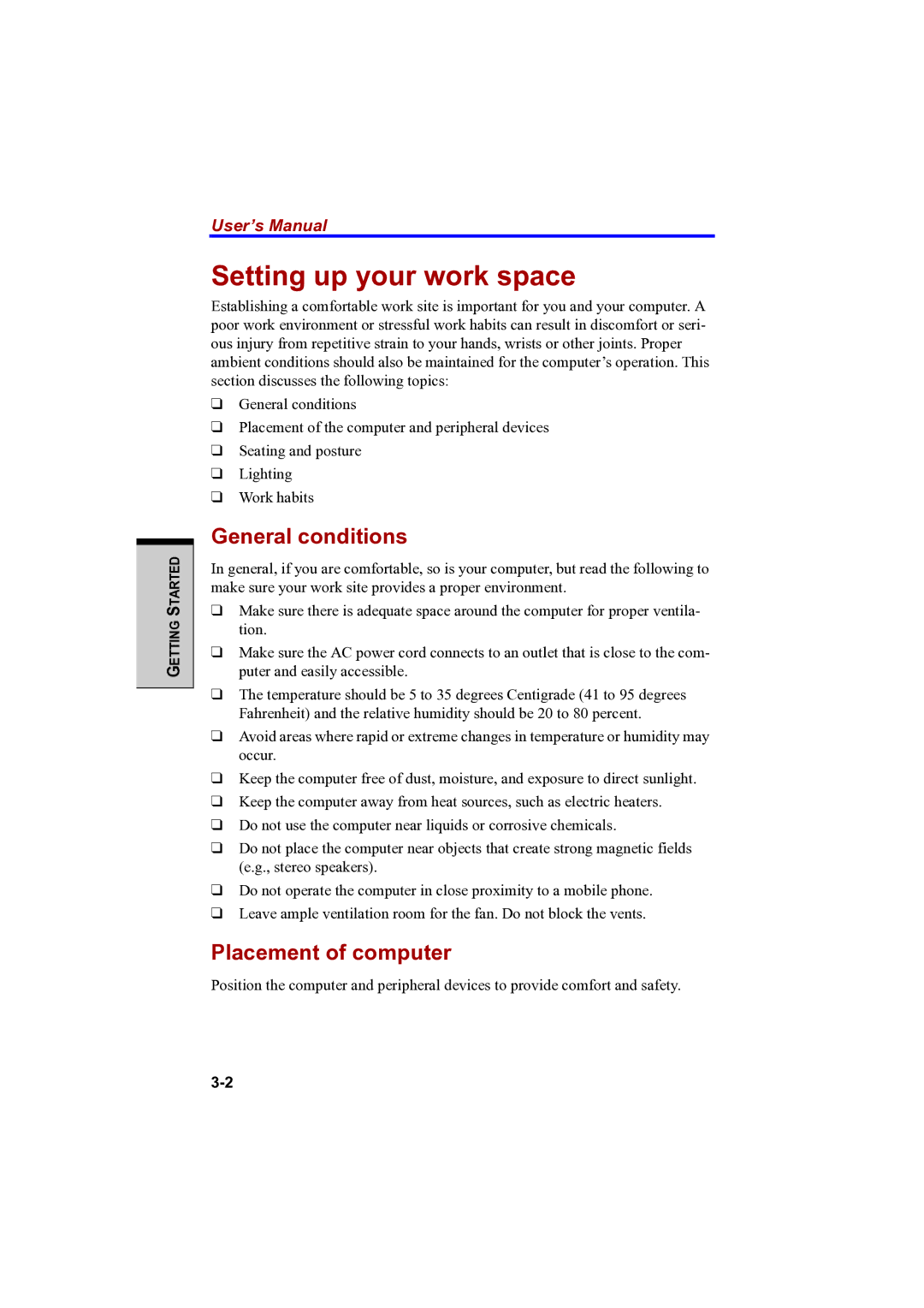 Toshiba PTA42 user manual Setting up your work space, General conditions, Placement of computer 