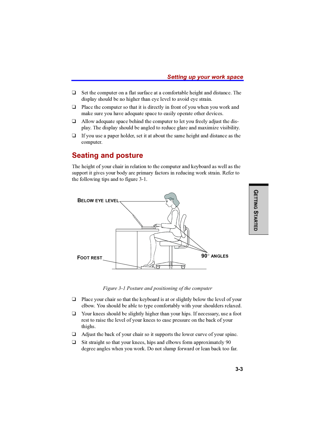 Toshiba PTA42 user manual Seating and posture, Setting up your work space 