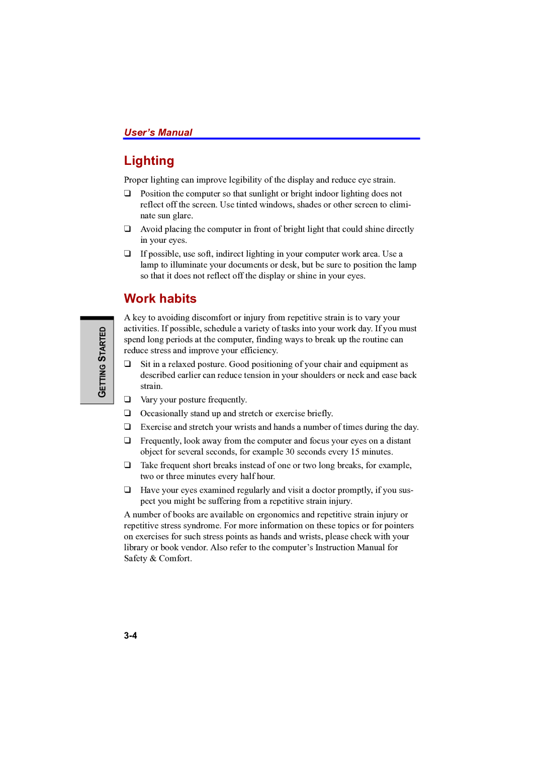 Toshiba PTA42 user manual Lighting, Work habits 