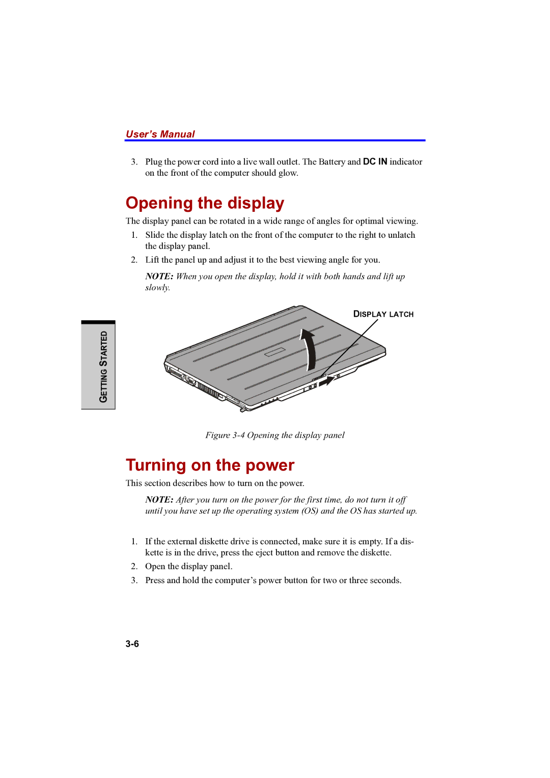 Toshiba PTA42 user manual Opening the display, Turning on the power 