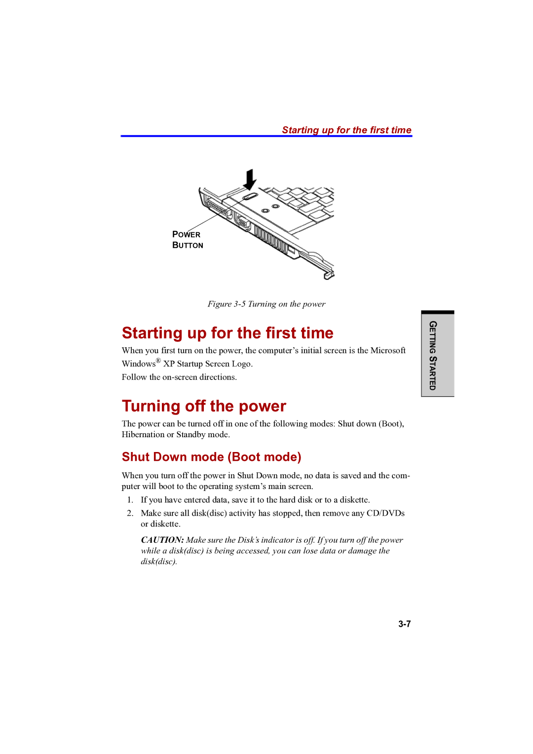 Toshiba PTA42 user manual Starting up for the first time, Turning off the power, Shut Down mode Boot mode 