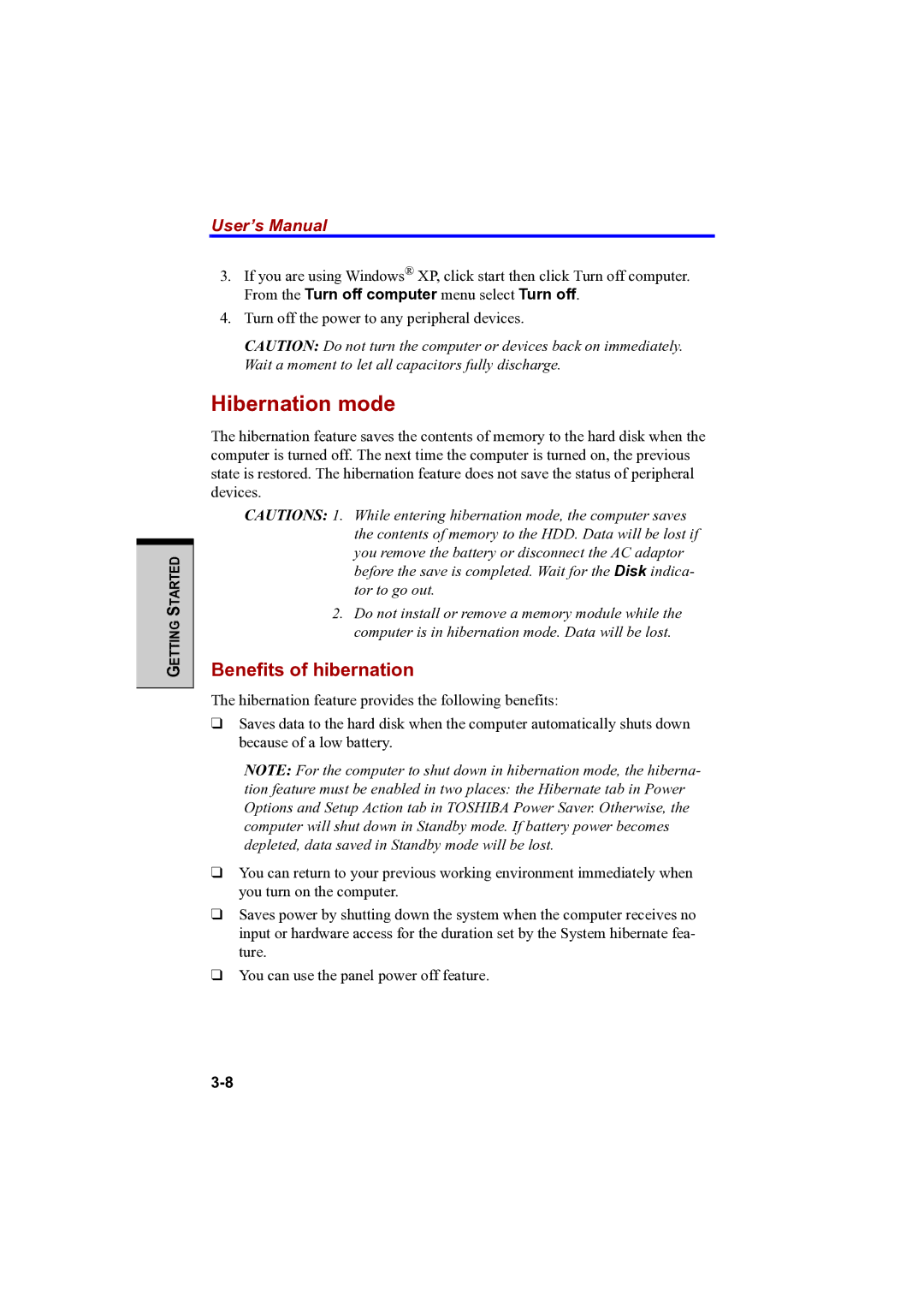 Toshiba PTA42 user manual Hibernation mode, Benefits of hibernation 