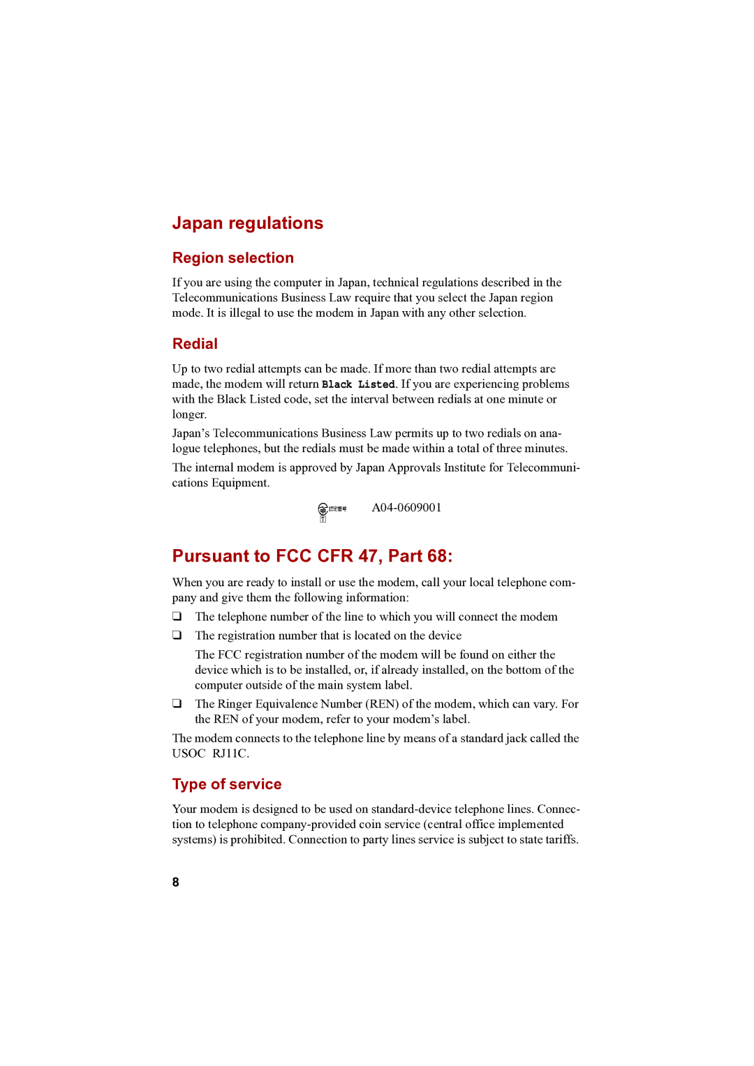 Toshiba PTA42 user manual Japan regulations, Pursuant to FCC CFR 47, Part, Region selection, Redial, Type of service 