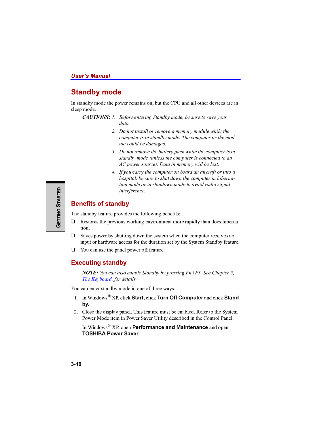 Toshiba PTA42 user manual Standby mode, Benefits of standby, Executing standby 