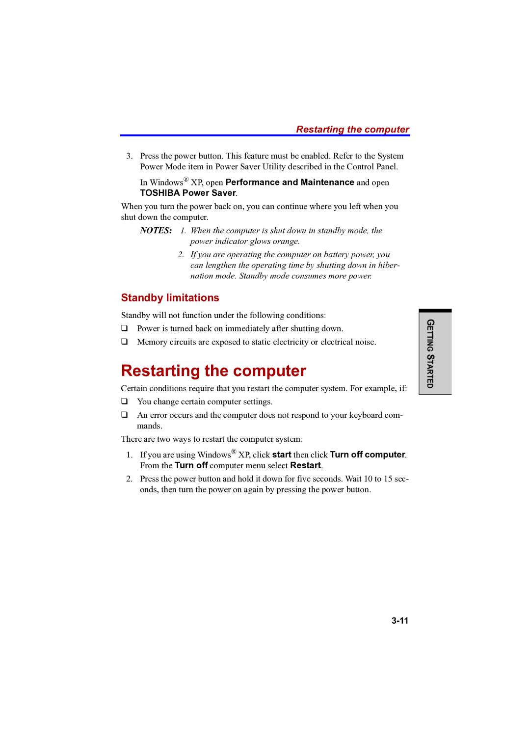 Toshiba PTA42 user manual Restarting the computer, Standby limitations 