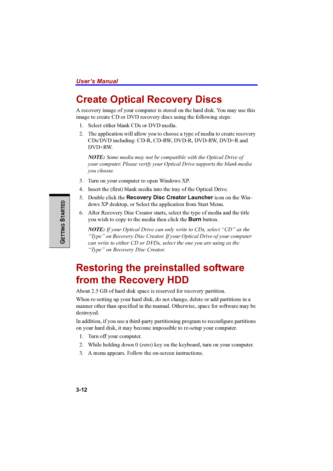 Toshiba PTA42 user manual Create Optical Recovery Discs, Restoring the preinstalled software from the Recovery HDD 