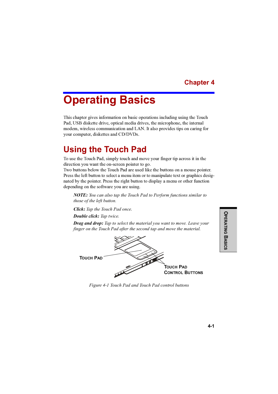 Toshiba PTA42 user manual Operating Basics, Using the Touch Pad 