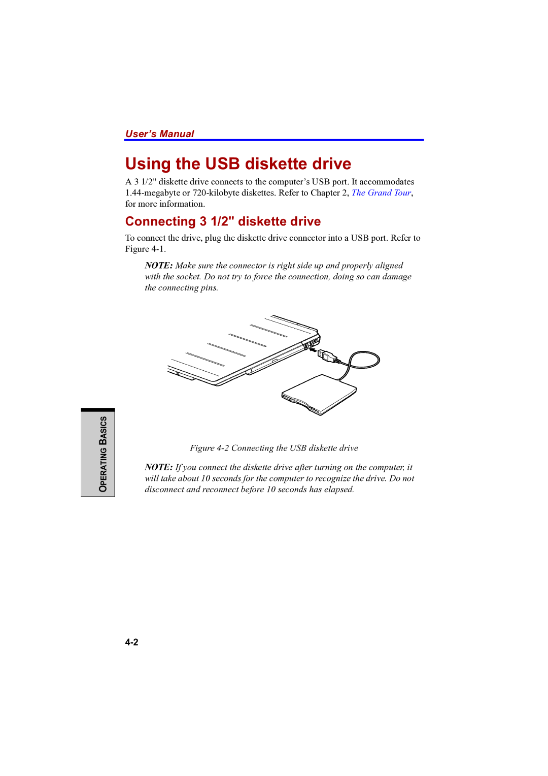 Toshiba PTA42 user manual Using the USB diskette drive, Connecting 3 1/2 diskette drive 