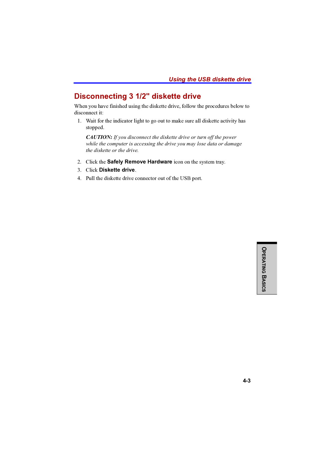 Toshiba PTA42 user manual Disconnecting 3 1/2 diskette drive, Using the USB diskette drive, Click Diskette drive 