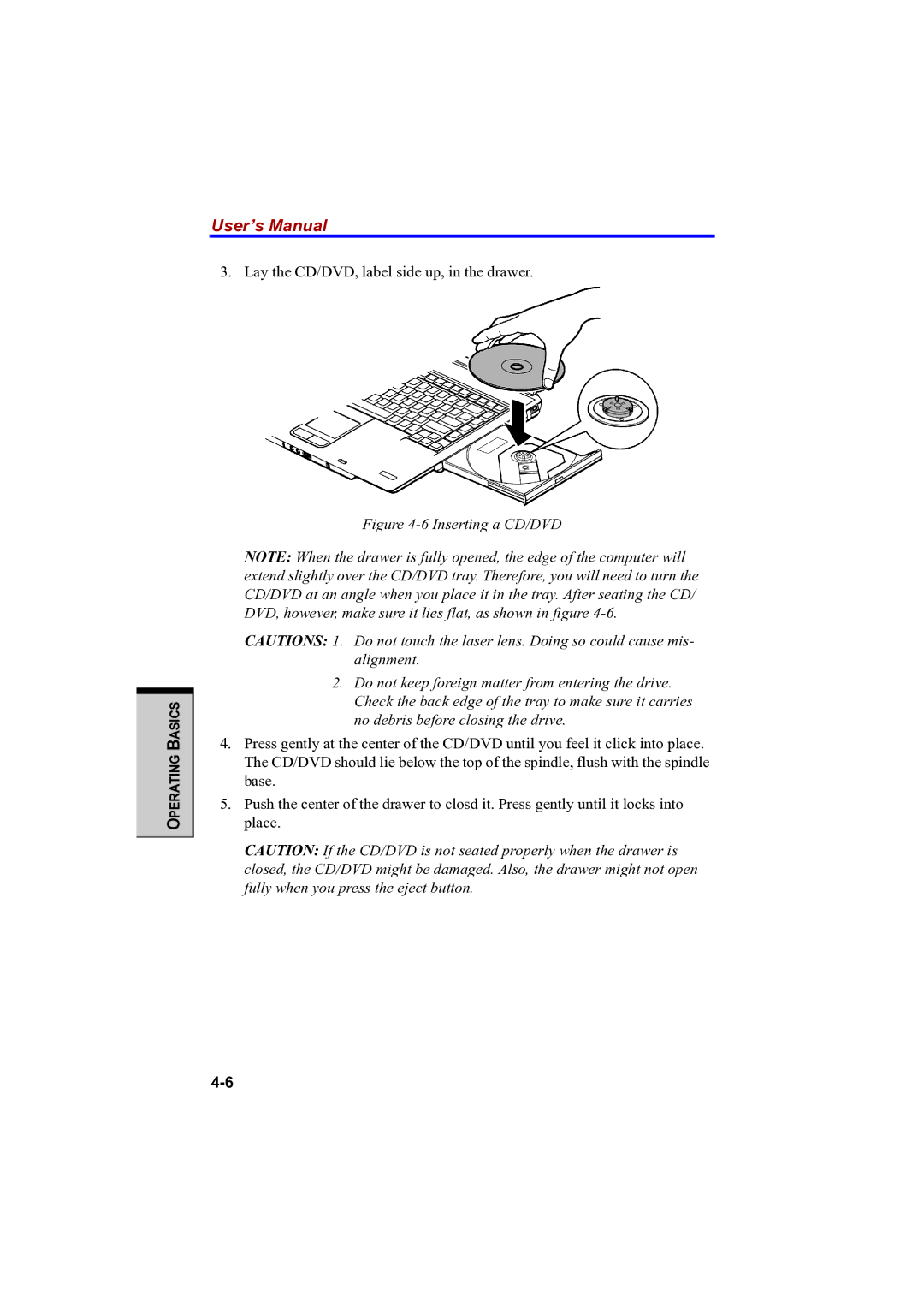 Toshiba PTA42 user manual Lay the CD/DVD, label side up, in the drawer 