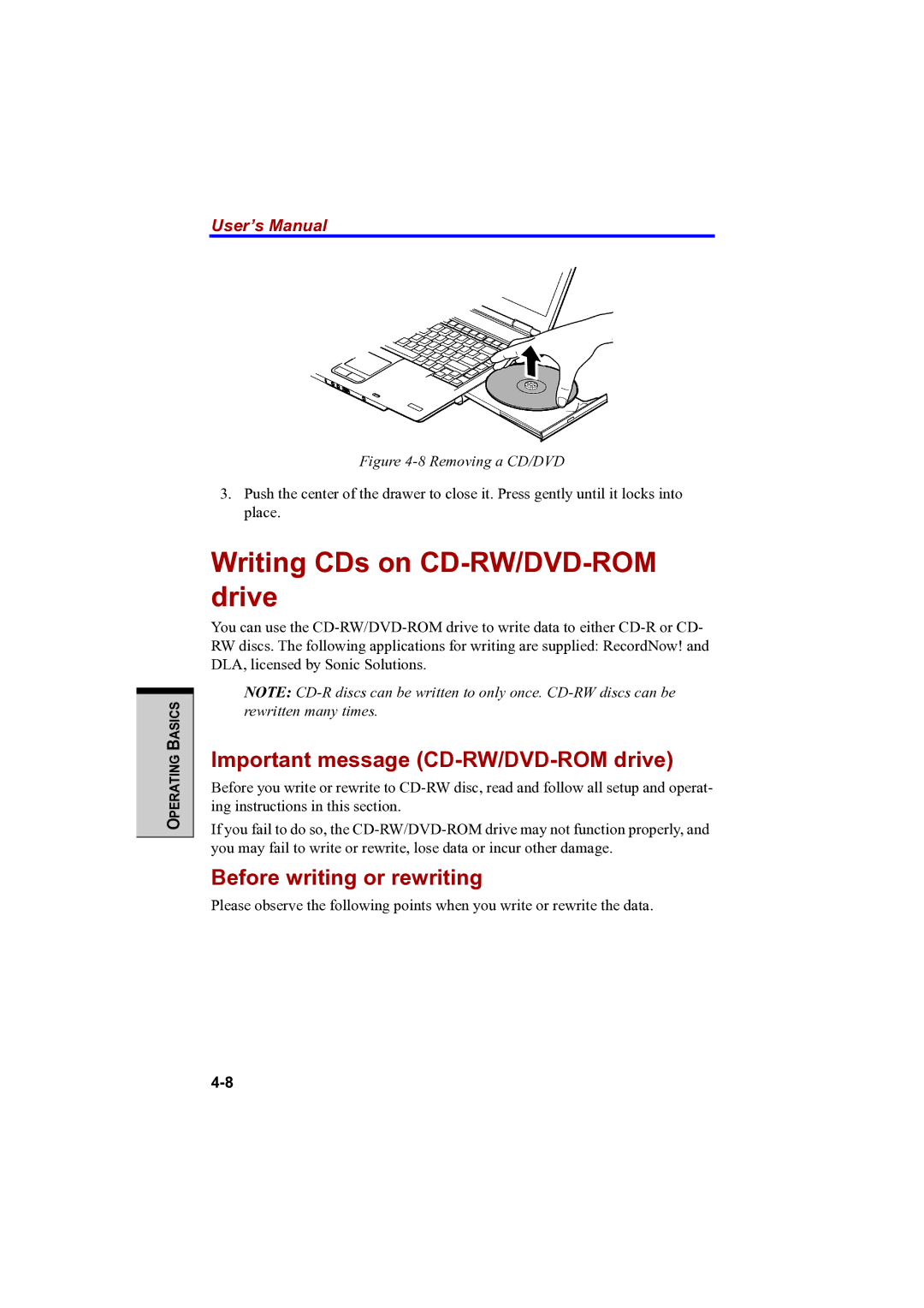 Toshiba PTA42 Writing CDs on CD-RW/DVD-ROM drive, Important message CD-RW/DVD-ROM drive, Before writing or rewriting 