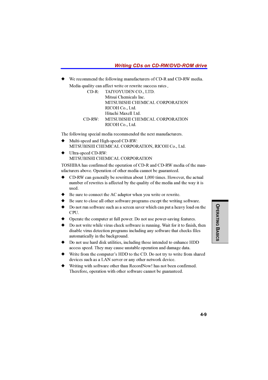 Toshiba PTA42 user manual Writing CDs on CD-RW/DVD-ROM drive, Mitsubishi Chemical Corporation 