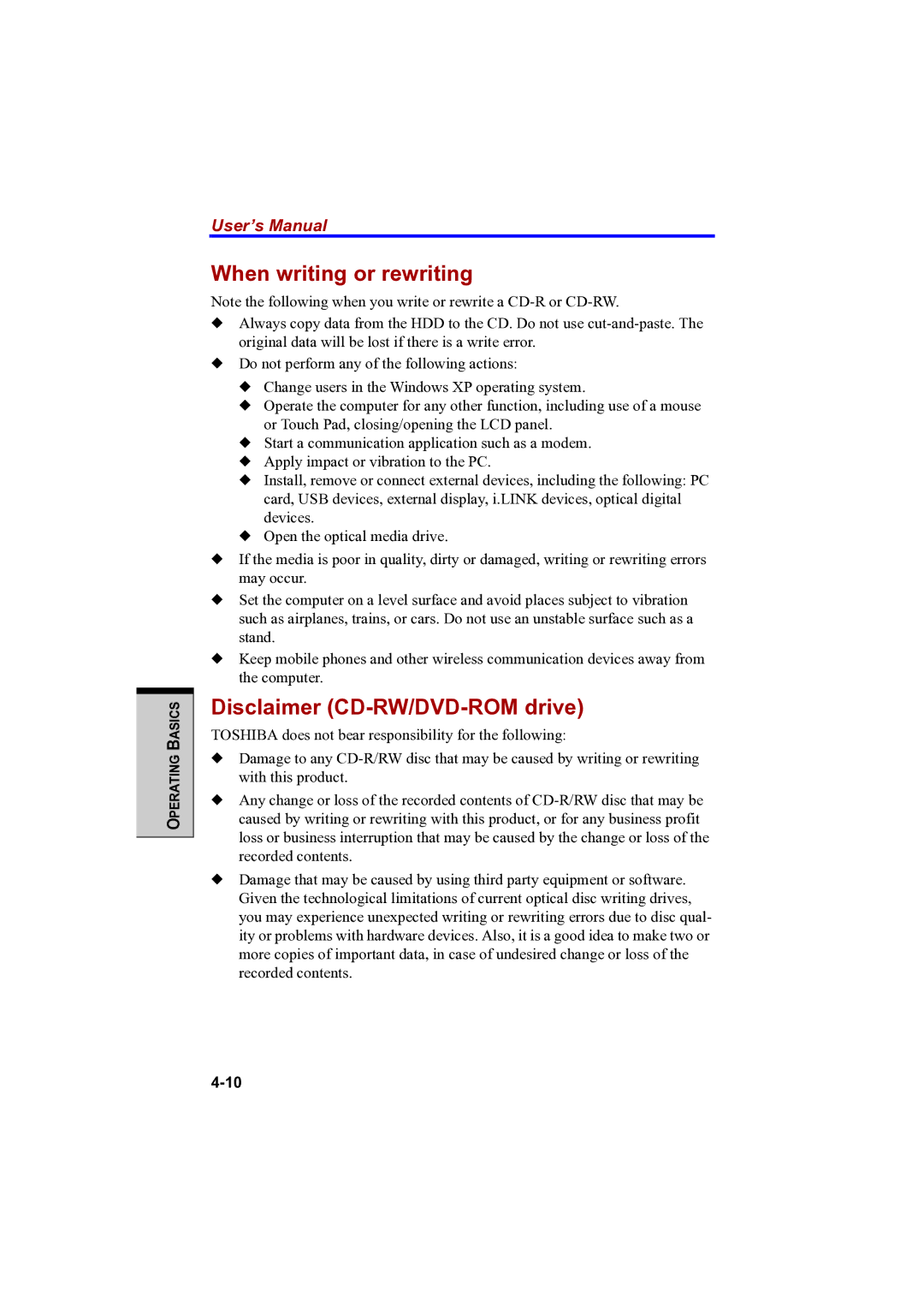 Toshiba PTA42 user manual When writing or rewriting, Disclaimer CD-RW/DVD-ROM drive 