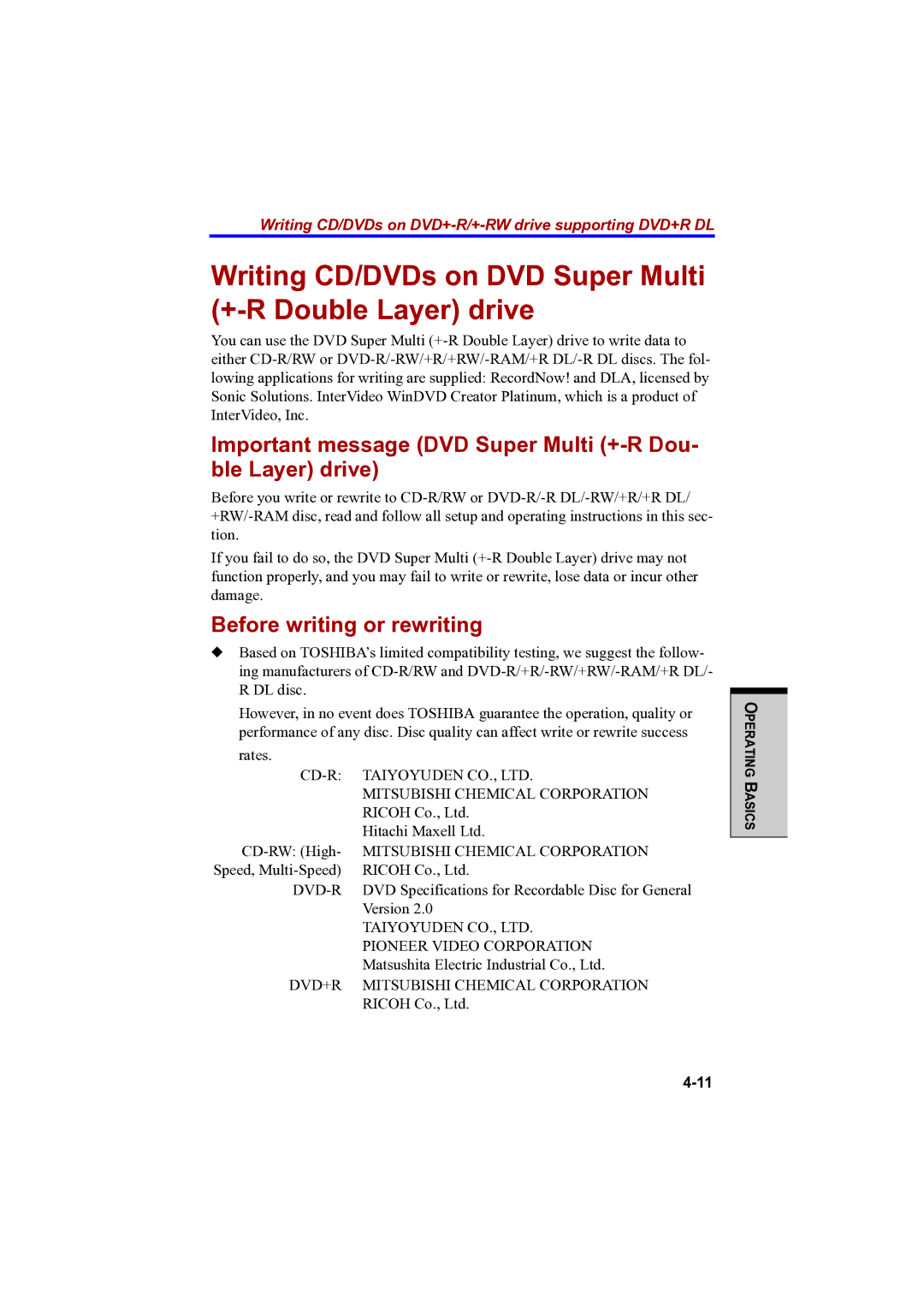 Toshiba PTA42 user manual Writing CD/DVDs on DVD Super Multi +-R Double Layer drive 