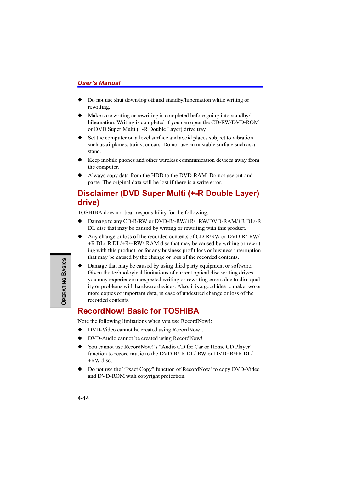 Toshiba PTA42 user manual Disclaimer DVD Super Multi +-R Double Layer drive, RecordNow! Basic for Toshiba 