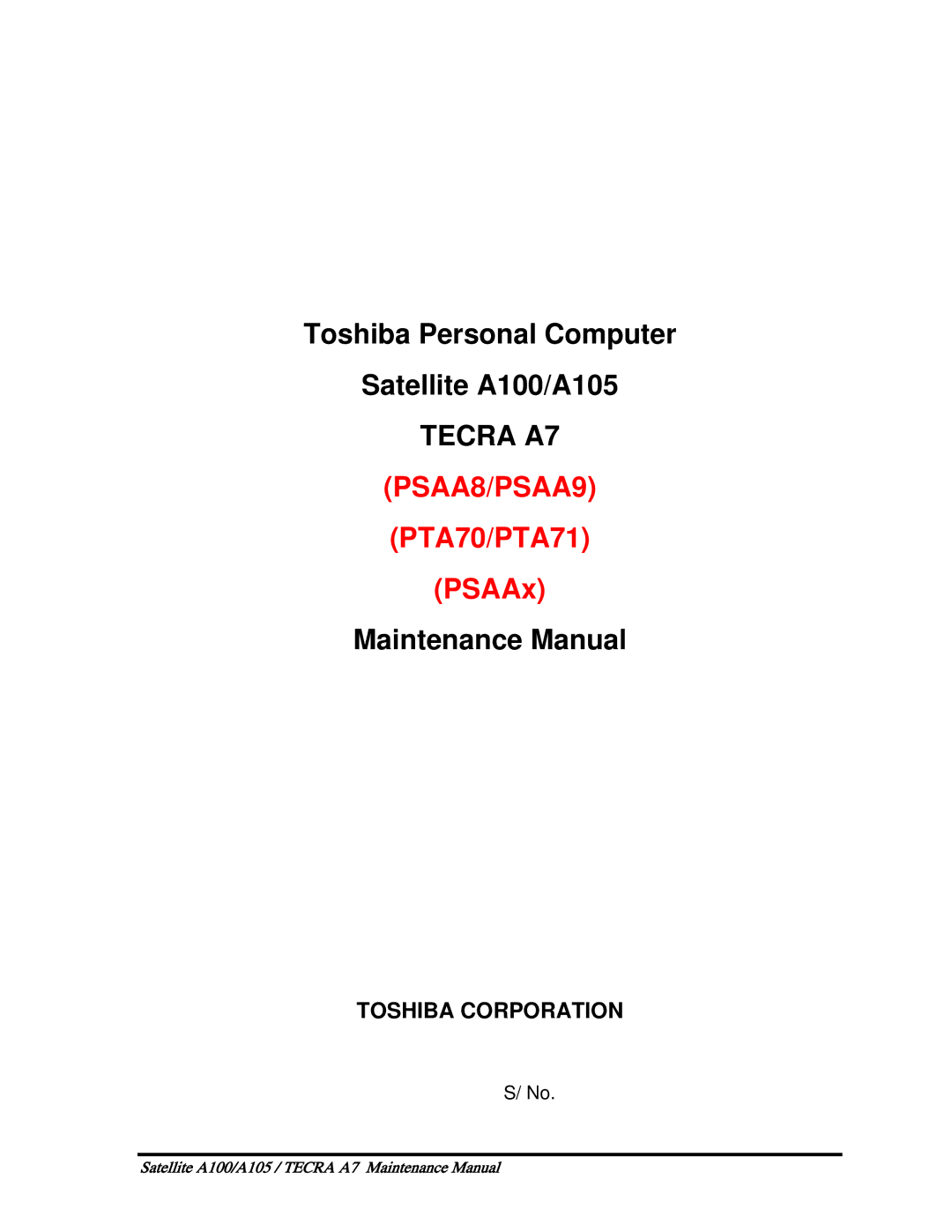 Toshiba PTA70, PTA71 manual PSAA8/PSAA9 