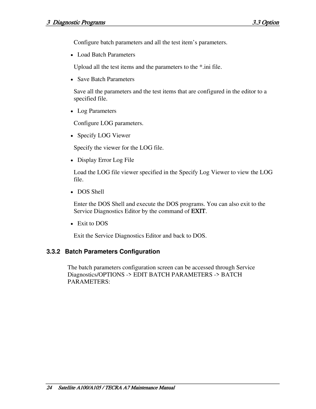 Toshiba PTA70, PTA71, PSAA9 manual Diagnostic Programs Option, Batch Parameters Configuration 