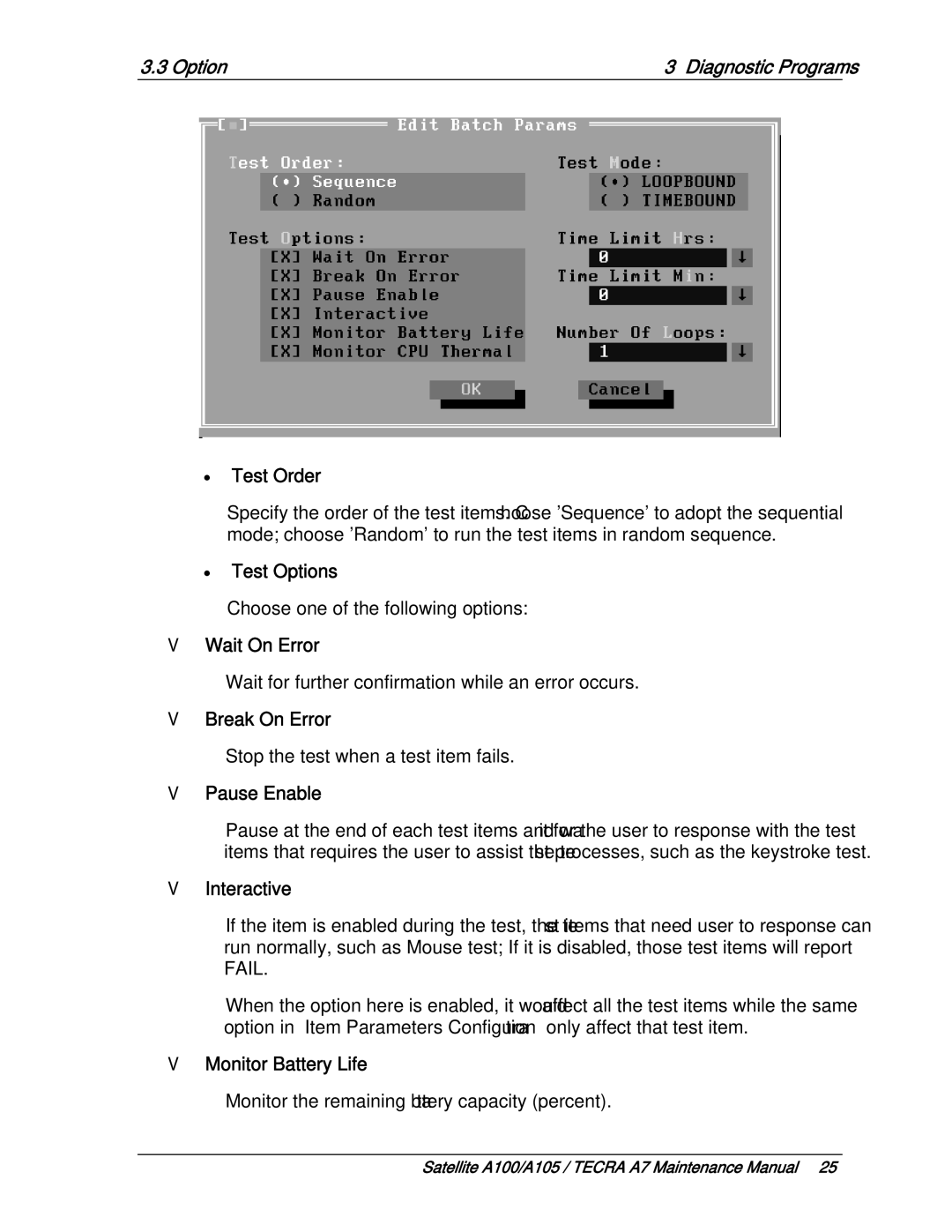 Toshiba PSAA9 Test Order, Test Options, Wait On Error, Break On Error, Pause Enable, Interactive, Monitor Battery Life 