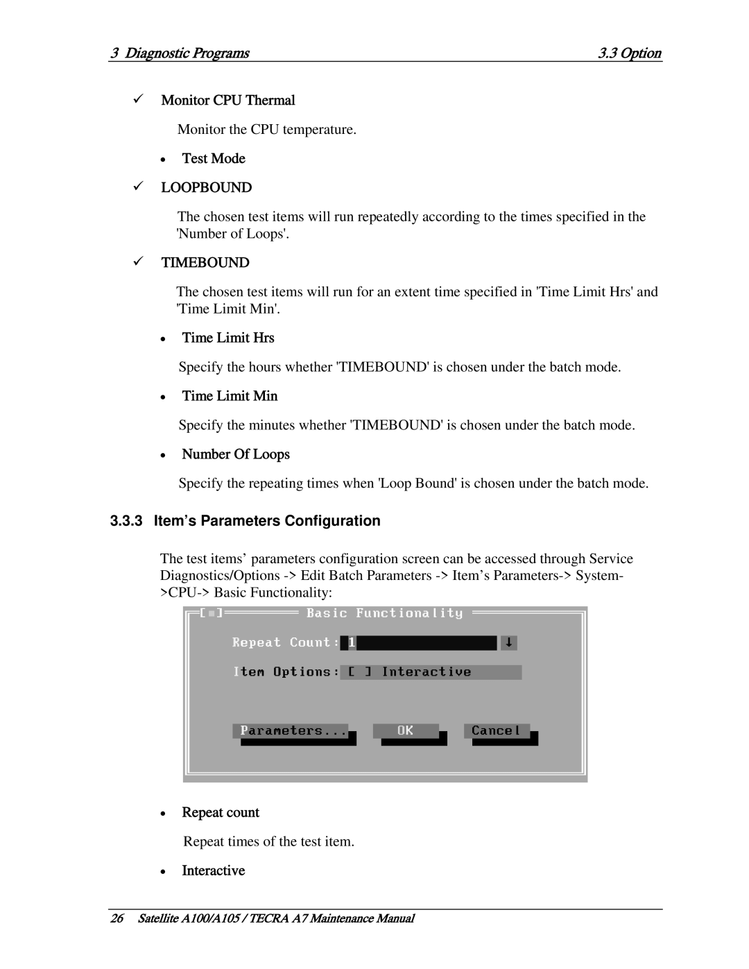 Toshiba PTA71, PTA70, PSAA9 manual Item’s Parameters Configuration 