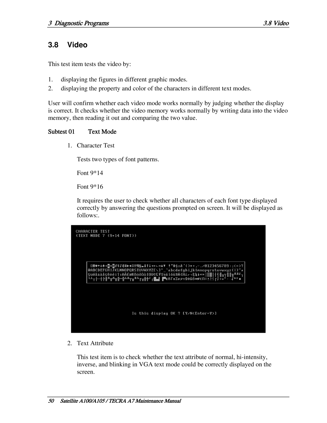 Toshiba PTA71, PTA70, PSAA9 manual Diagnostic Programs Video, Subtest 