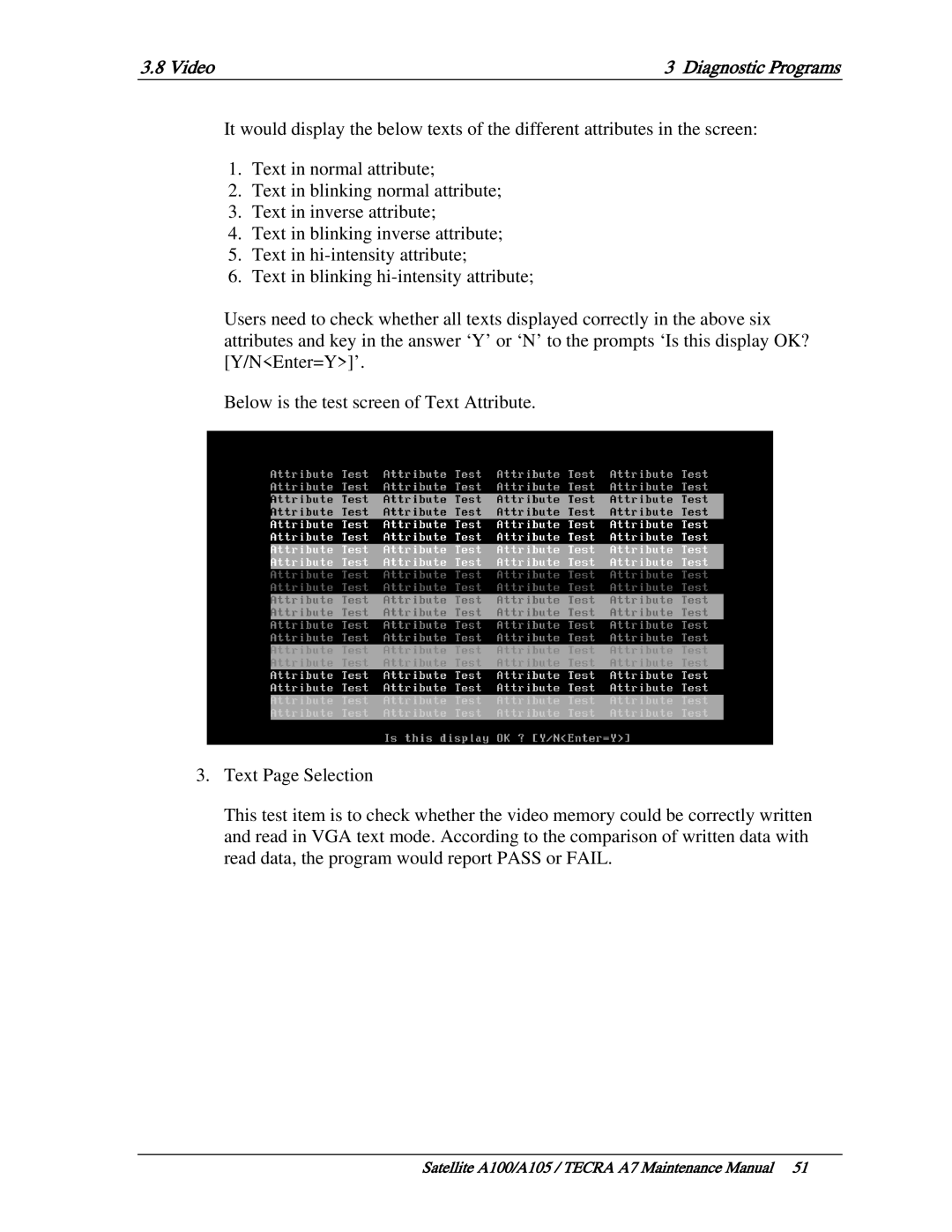 Toshiba PTA70, PTA71, PSAA9 manual Video Diagnostic Programs 