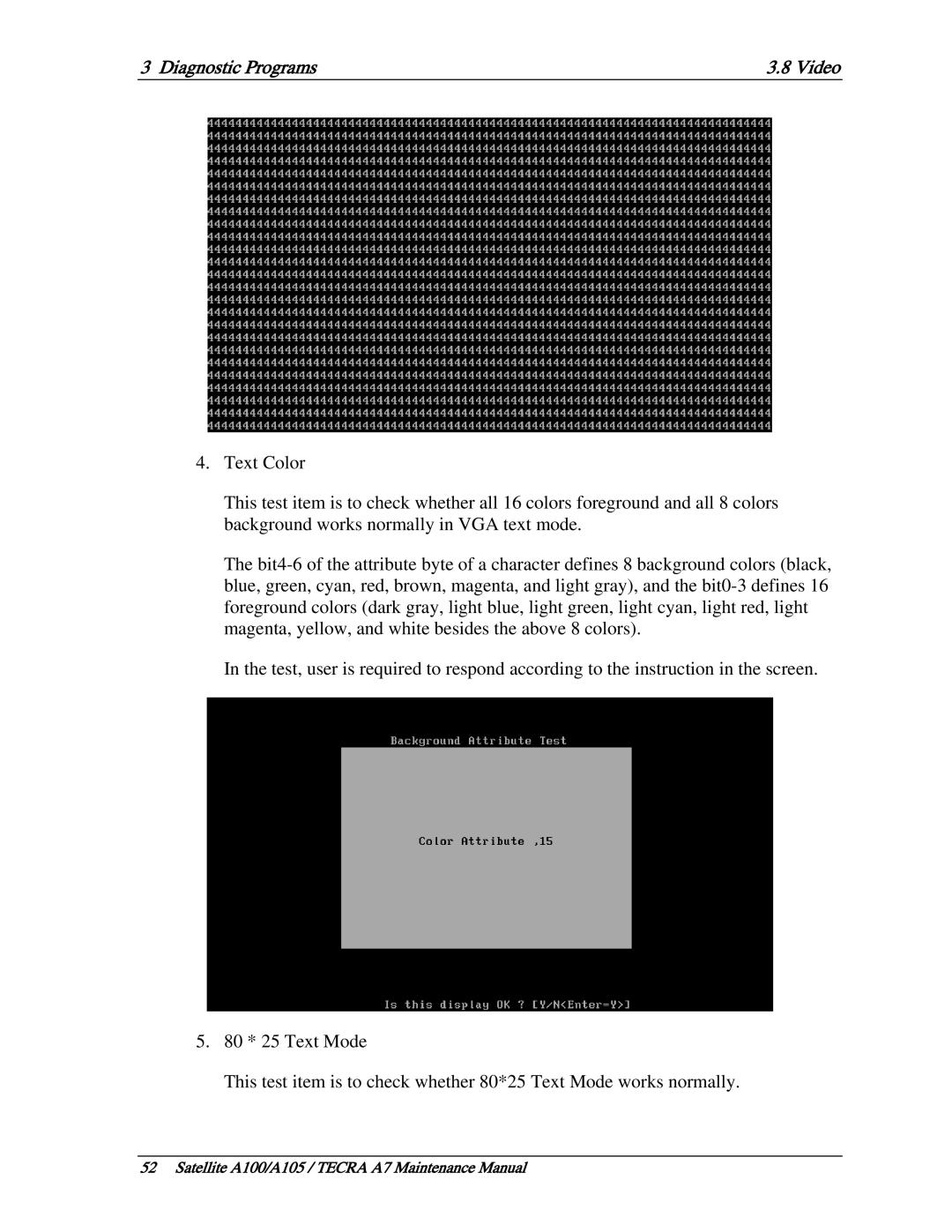 Toshiba PSAA9, PTA71, PTA70 manual Diagnostic Programs Video 