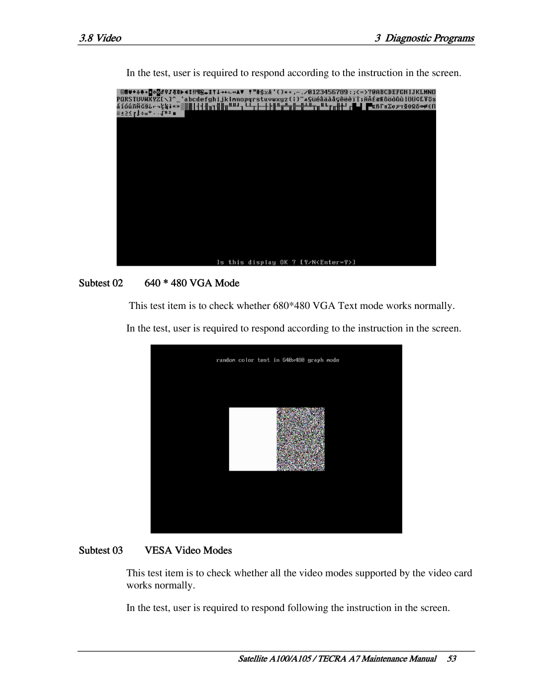 Toshiba PTA71, PTA70, PSAA9 manual Subtest 02 640 * 480 VGA Mode, Subtest 03 Vesa Video Modes 