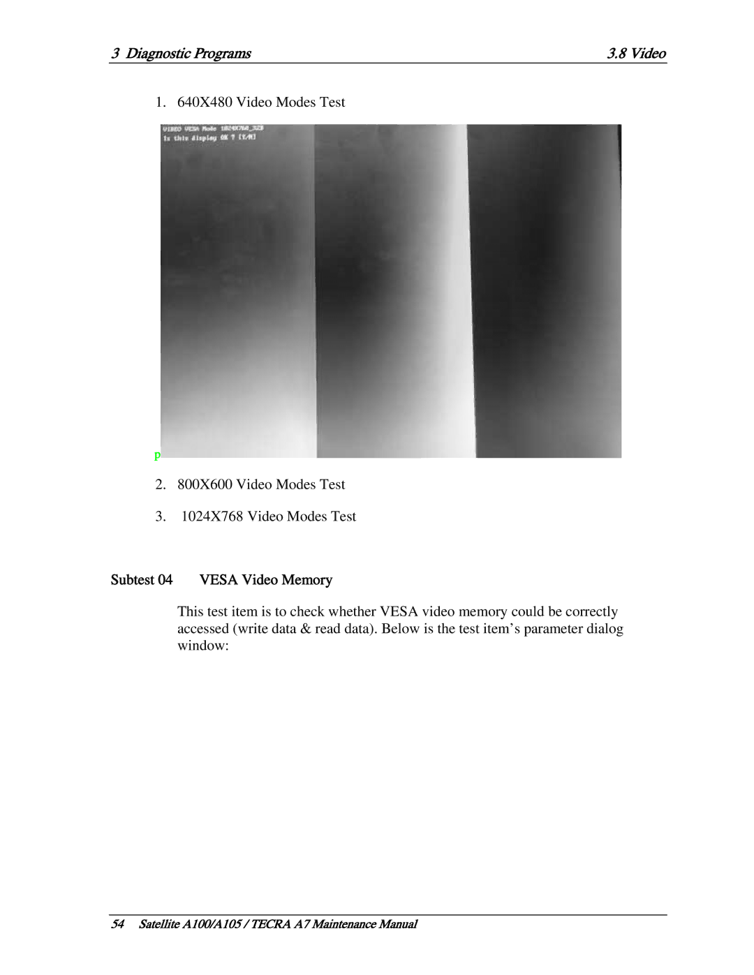 Toshiba PTA70, PTA71, PSAA9 manual Subtest 04 Vesa Video Memory 