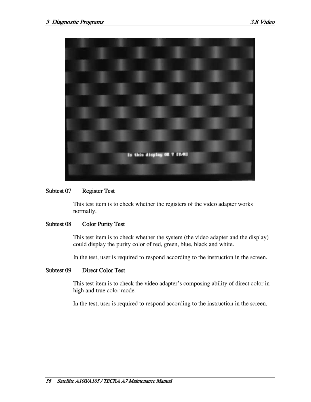 Toshiba PTA71, PTA70, PSAA9 manual Subtest 08 Color Purity Test, Subtest 09 Direct Color Test 