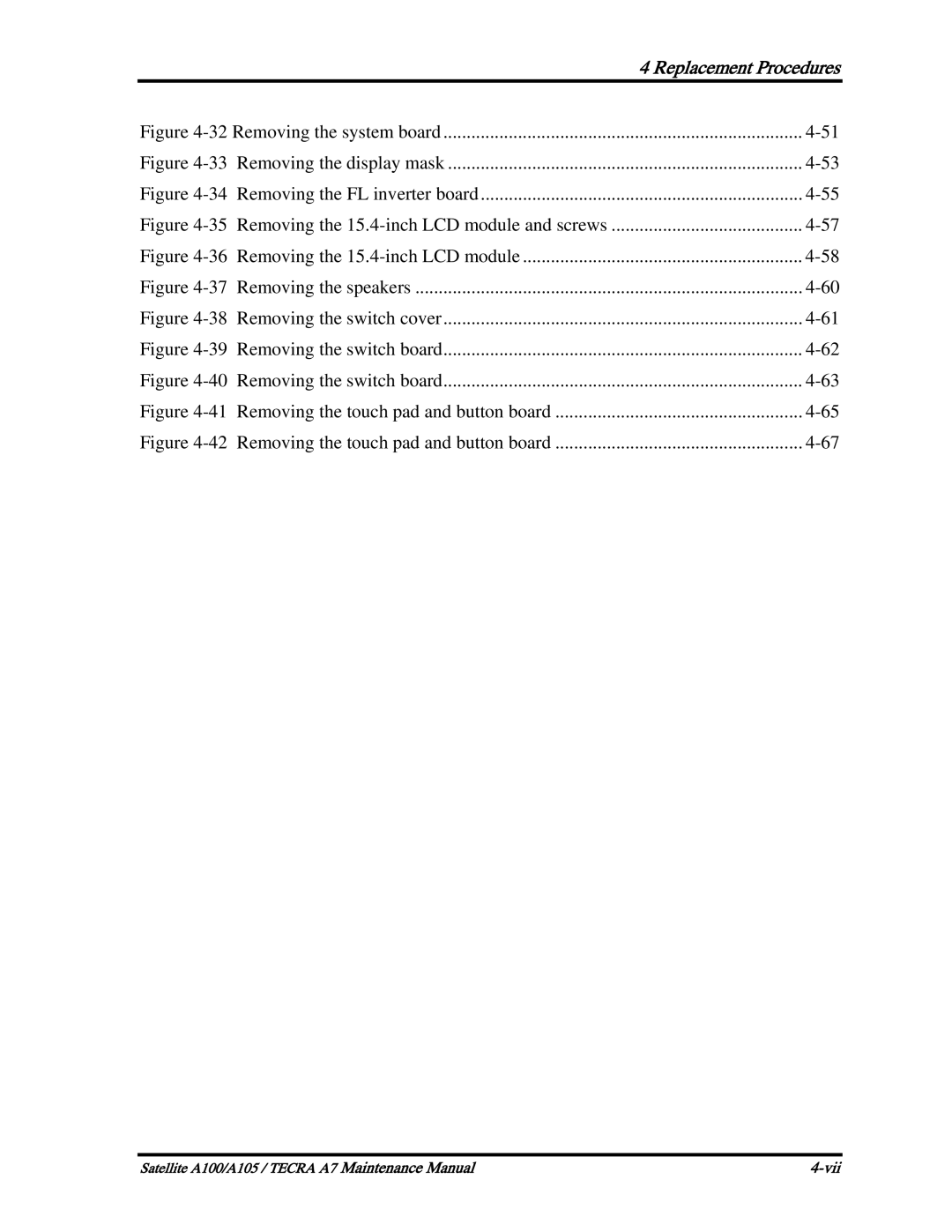 Toshiba PSAA9, PTA71, PTA70 manual Replacement Procedures 