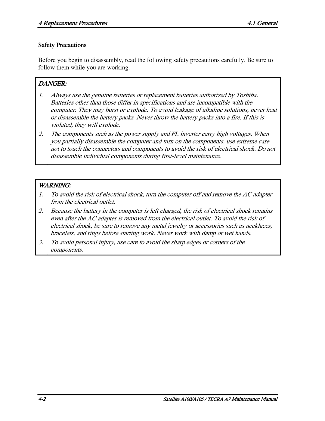 Toshiba PTA70, PTA71, PSAA9 manual Replacement Procedures General, Safety Precautions 