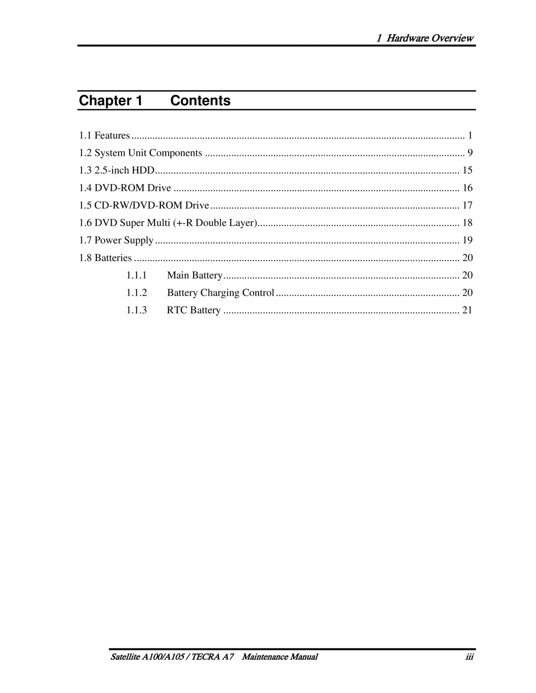 Toshiba PTA70, PTA71, PSAA9 manual Chapter Contents 