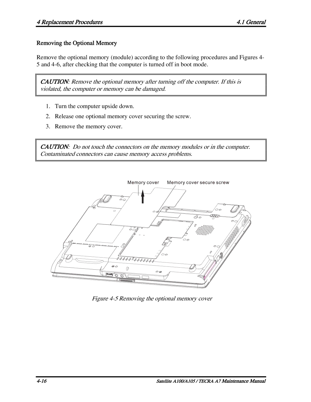 Toshiba PTA71, PTA70, PSAA9 manual Removing the Optional Memory, Removing the optional memory cover 