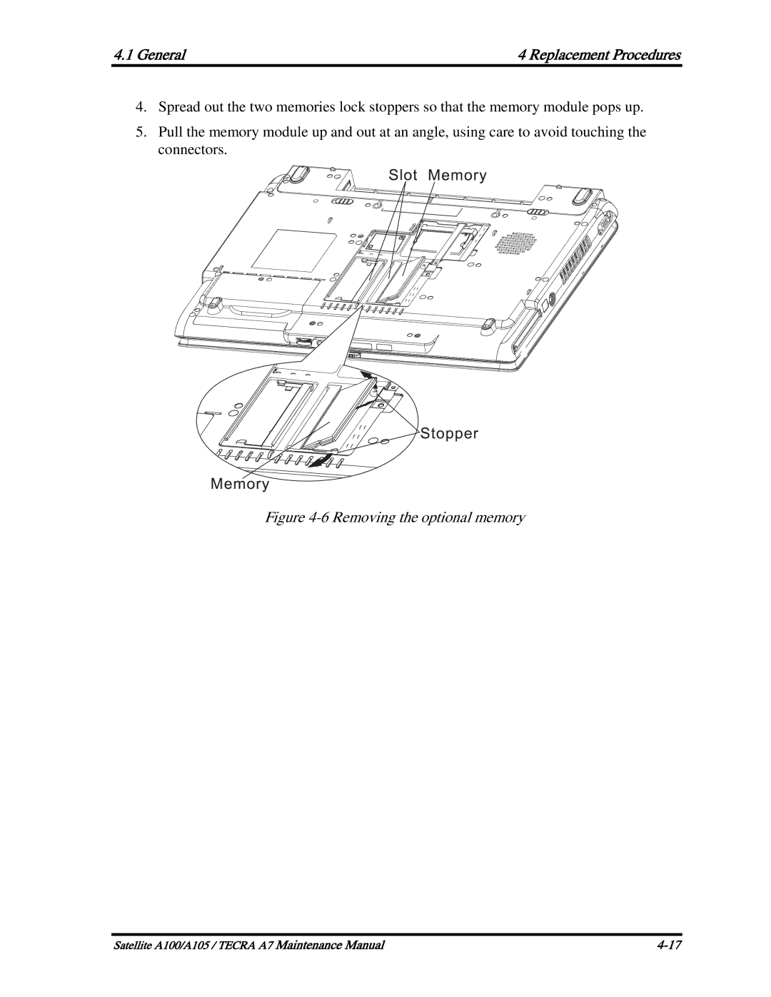 Toshiba PTA70, PTA71, PSAA9 manual Removing the optional memory 