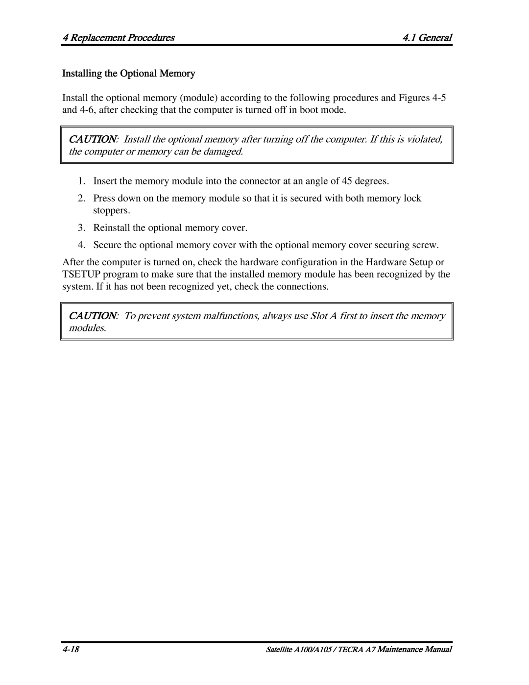 Toshiba PSAA9, PTA71, PTA70 manual Installing the Optional Memory 