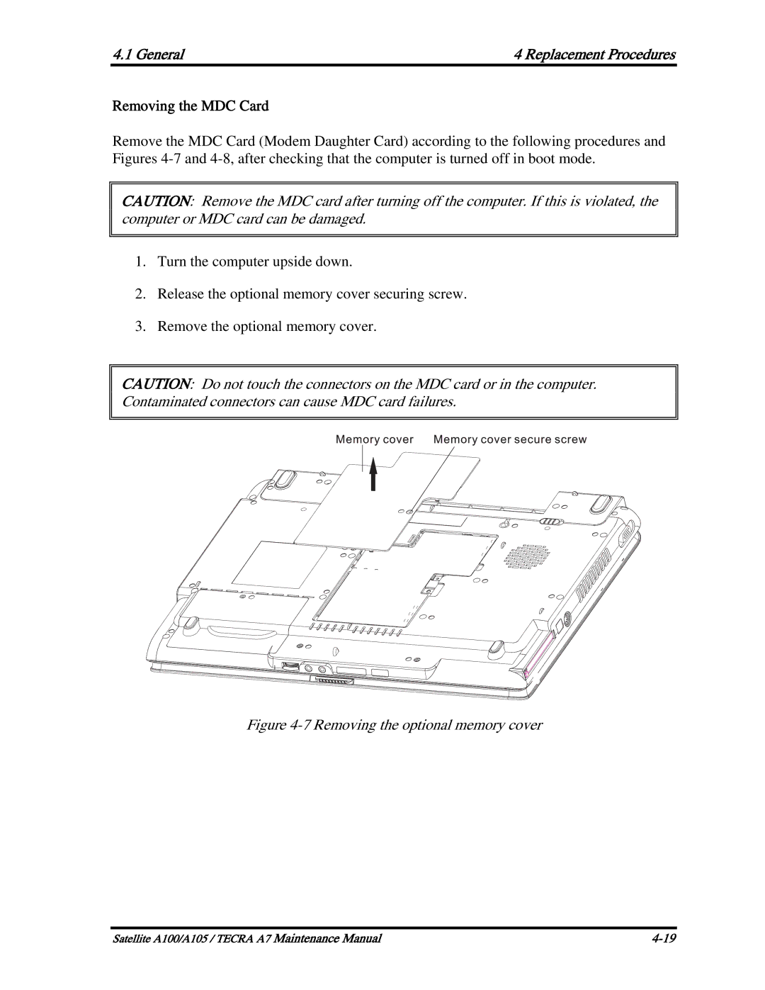 Toshiba PTA71, PTA70, PSAA9 manual Removing the MDC Card, Removing the optional memory cover 