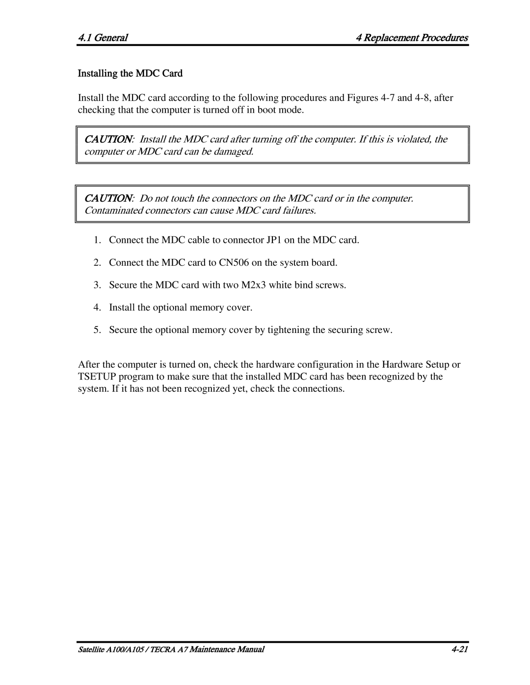 Toshiba PSAA9, PTA71, PTA70 manual Installing the MDC Card 