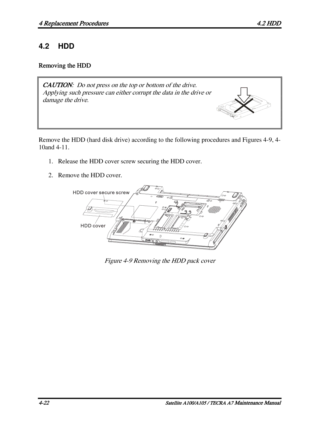 Toshiba PTA71, PTA70, PSAA9 manual Hdd, Replacement Procedures HDD, Removing the HDD 